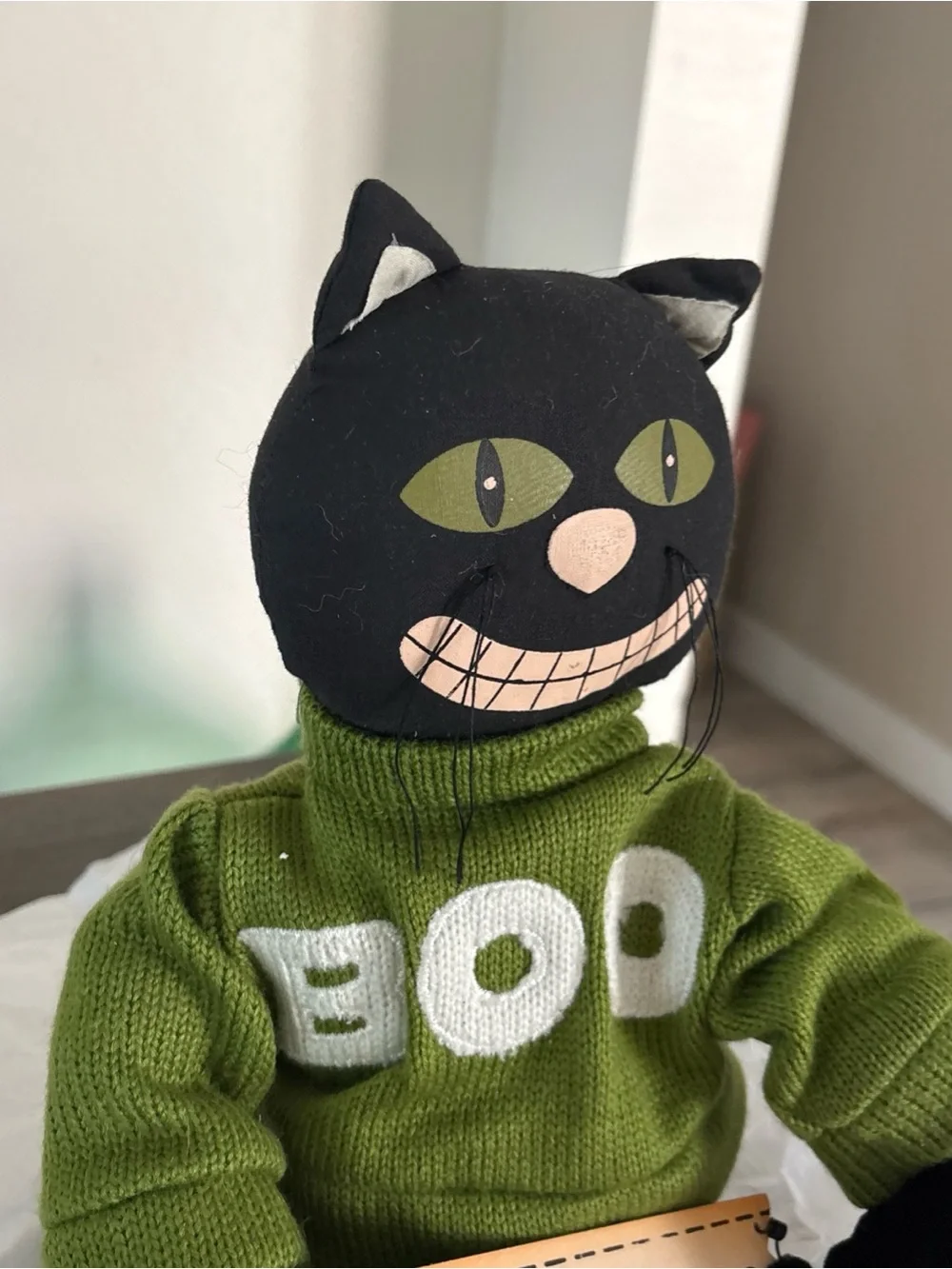 Black Cat Plush with Green 'BOO' Sweater and Orange Socks - Halloween Decor